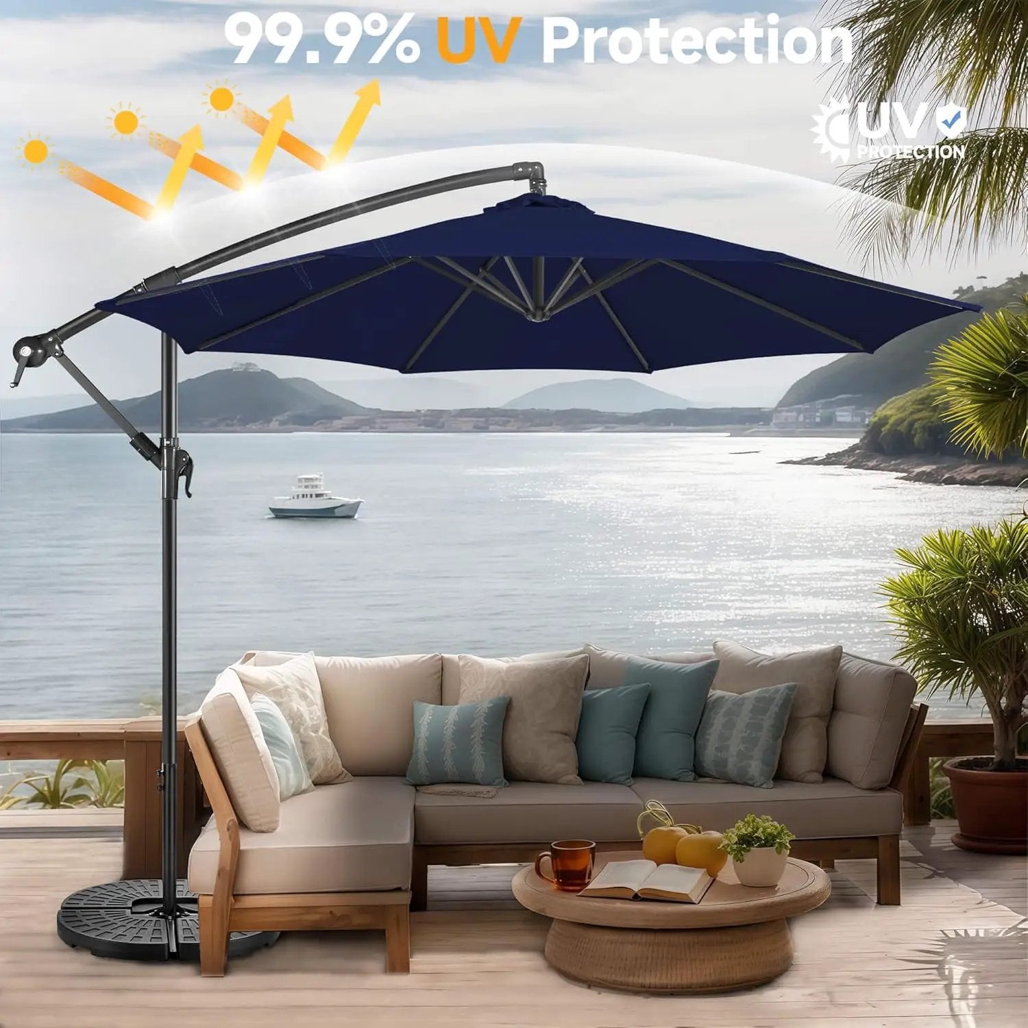 FLAME&SHADE 10ft Cantilever Patio Umbrella Outdoor, Large Offset Umbrella with Crank and Cross Base, UPF 50+ UV Protection Hanging Umbrella for Pool Deck Garden, Navy Blue by GreenHaven Gardens
