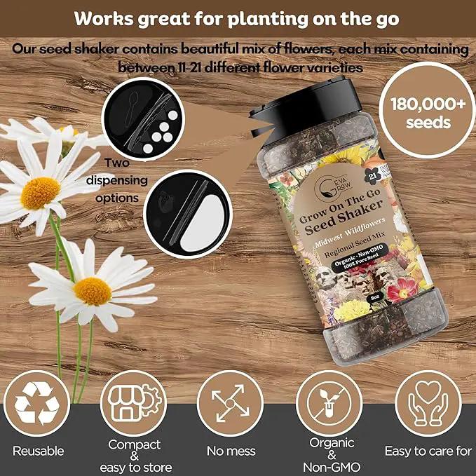 on The Go Seed Shaker - Midwest Wildflower Seeds Regional Mix - Organic, Non-GMO - 100% Pure Seed - 21 Different Wildflowers Seeds of Annual and Perennial, 8oz by GreenHaven Gardens