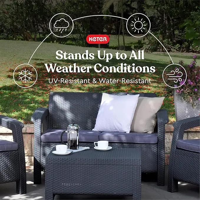 Keter Corfu 4 Piece Set All Weather Outdoor Patio Garden Furniture with Cushions, Charcoal by GreenHaven Gardens