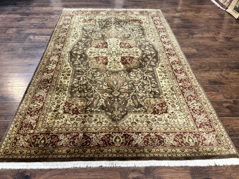 Indo Persian Rug 6x9, Wool Handmade Vintage Rug, Floral Cross Pattern by Jewel Rugs