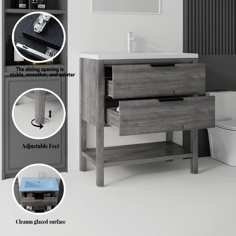 36 Inch Freestanding Bathroom Vanity with Sink, Soft-Close Drawer, Ceramic Sink, Plywood by HouseOfZazla