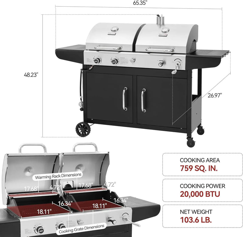 Royal Gourmet ZH3002N Propane Gas and Charcoal Grill Combo, Dual Fuel BBQ Grill with 2 Side Shelves for Outdoor Patio Garden Backyard Barbecue, 20,000 BTUs, Silver & Black by GreenHaven Gardens