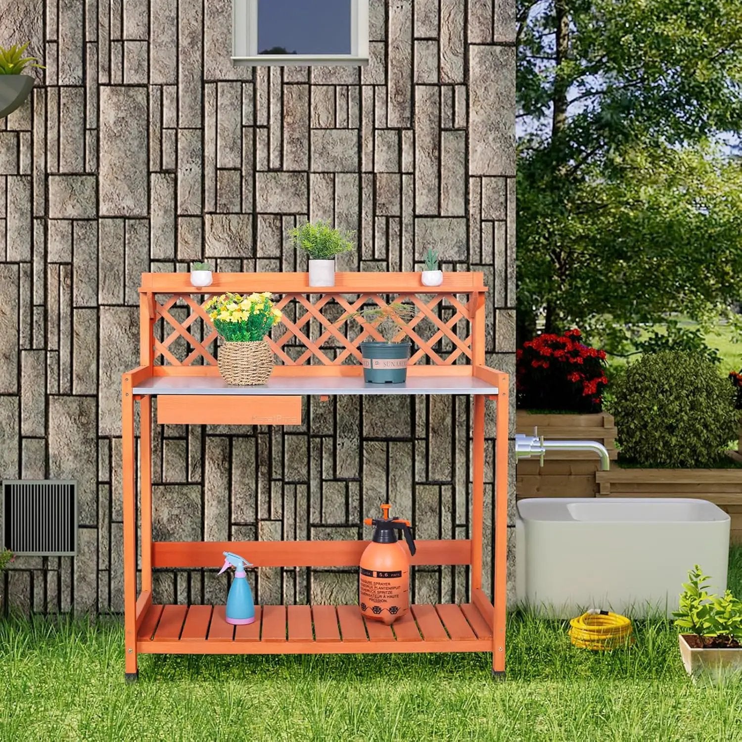 Outdoor Potting Bench & Wooden Gardening Work Station Planting Table with Metal Tabletop, Drawer, Storage, and Hooks by GreenHaven Gardens