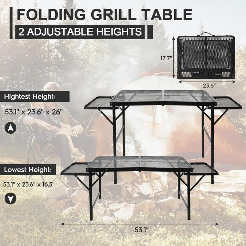 Folding Grill 4.4 FT Portable Camping Table with 2 Wing Panels, Height Adjustable Metal Outdoor Table with Mesh Desktop and Mesh Bag, Picnic, Beach and BBQ, Party, Black by GreenHaven Gardens
