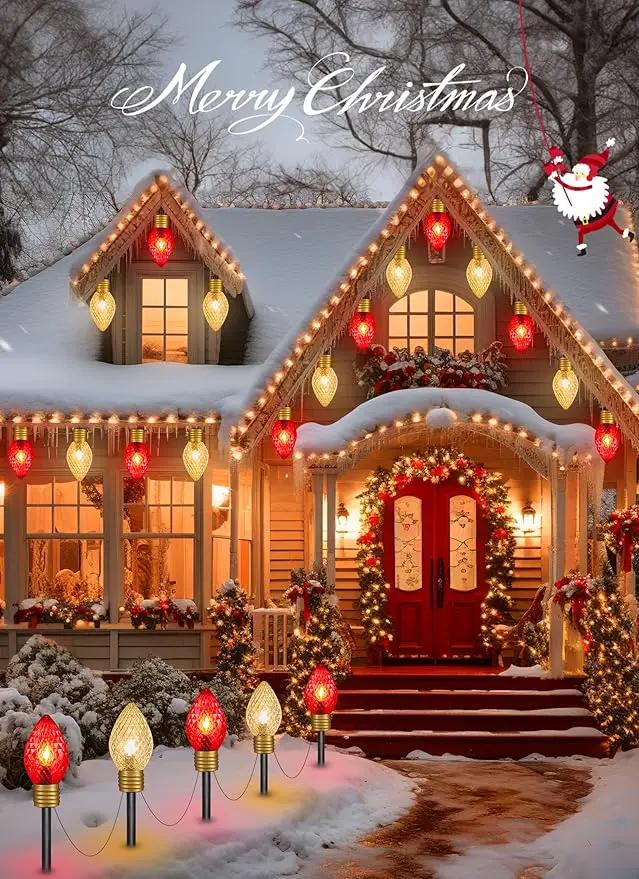 Moonflor Strawberry Jumbo C9 Christmas Lights Outdoor - 2 Pack Total 17FT 10 LED Jumbo C9 Christmas Pathway Lights Outdoor, C9 Walkway Lights, Christmas Decoration for Outside Lawn, Red & Warm White by GreenHaven Gardens