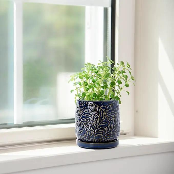 D'vine Dev 4 Inch Embossed Leaves Stoneware Planter Pot with Drainage Hole and Saucer, Midnight Blue, 27-A-Z-3 by GreenHaven Gardens
