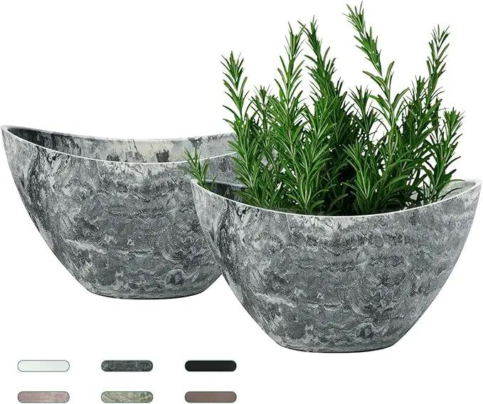 LaDoVita Plant Pots with Drainage Holes, 12 Inch Large Planters for Indoor Plants, Plastic Flower Pots Outdoor, 2 Pack, Marble Pattern Grey by GreenHaven Gardens