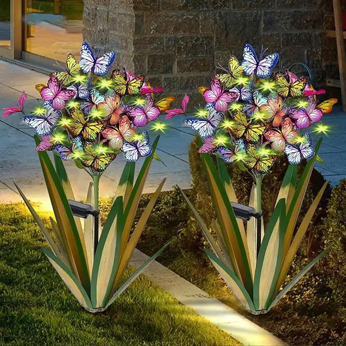 Solar Metal Agave Butterfly Flower Stick Garden Sculpture Outdoor Gift Solar Garden Christmas Lights Swaying Butterfly Garden Lights Solar Outdoor (2 PCS Light Green) by GreenHaven Gardens