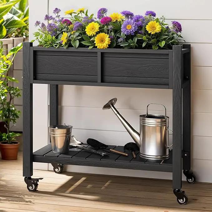YITAHOME Raised Garden Bed, HIPS Poly Wood Elevated Planter Box with Shelf & Wheels for Mobility, Small Flower Box Stand for Patio Balcony Garden Backyard, Black by GreenHaven Gardens