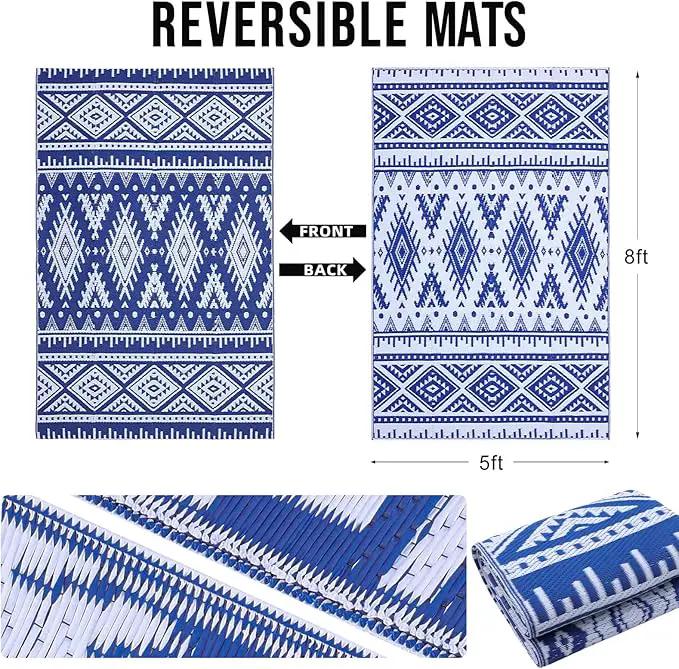 OLANLY Outdoor Rug Waterproof 5x8 ft, Reversible Outdoor Plastic Straw Rug, Boho Patio Rug, Indoor Outdoor Carpet, RV Mat Outside for Patio, Camp, Picnic, Balcony, Deck, Backyard, Blue & White by GreenHaven Gardens