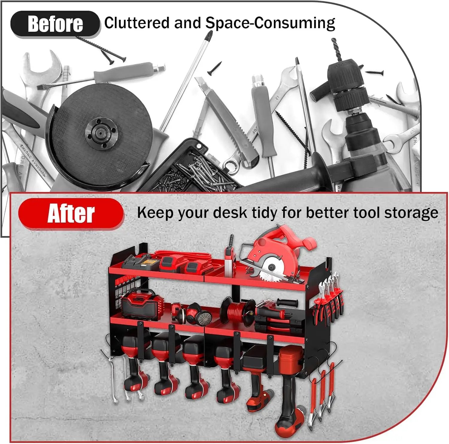 Power Tool Organizer Wall Mount with 6 Drill Holders, Heavy Duty Metal Utility Racks with Large Top Shelf & Side Hooks, Efficient and Organized Storage for Garage, Workshop, Shed, Pegboard by GreenHaven Gardens