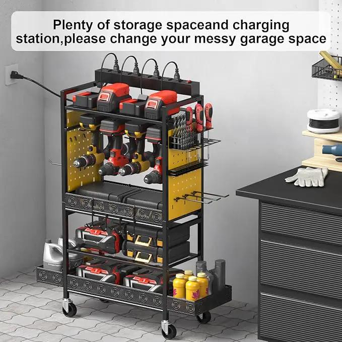 CCCEI Garage Power Tools Organizer Cart with Charging Station, Yellow Floor Standing Rolling Drill and Tools Battery Storage Cart on Wheels. Utility Rack Gift for Men, Husband, Father. by GreenHaven Gardens