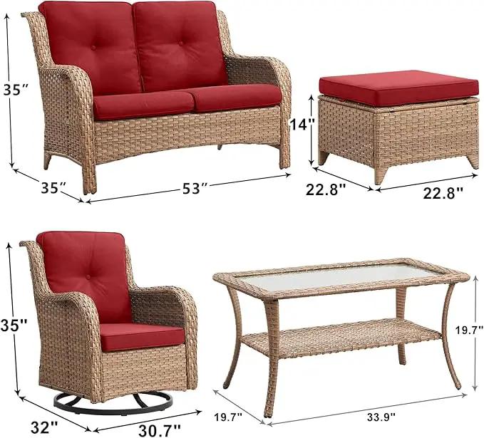 Outdoor Wicker Patio Furniture Set - 6 Piece Rattan Patio Conversation Set with 2 Rocking Swivel Chairs,2 Ottomans,1 Loveseat and 1 Coffee Table for Porch Deck Backyard Garden(Yellow/Red) by GreenHaven Gardens