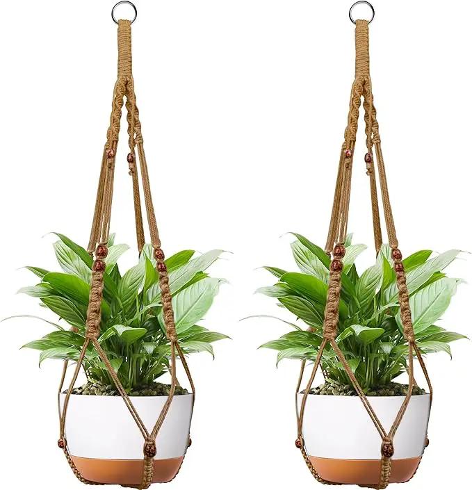 43 Inch Macrame Plant Hanger - Fits 6-15 Inch Pots, Extra Long Hanging Planter Holder for Indoor Outdoor, with Red Wood Beads, Boho Home Decor, 2 Pack, Brown (POTS NOT Included) by GreenHaven Gardens