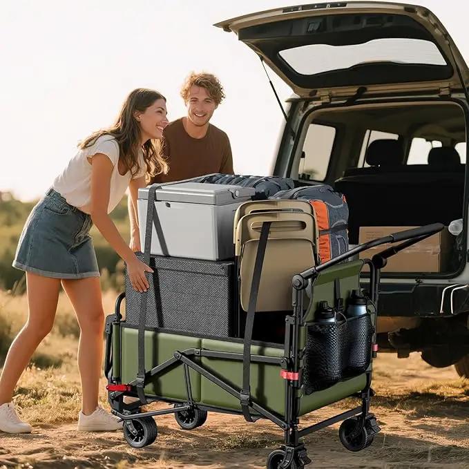 LEVELEVE Heavy Duty Folding Wagon - 2-in-1 Collapsible Cart, 400lb Capacity, All-Terrain Wheels w/Brakes & Side Pockets (Army Green) by GreenHaven Gardens