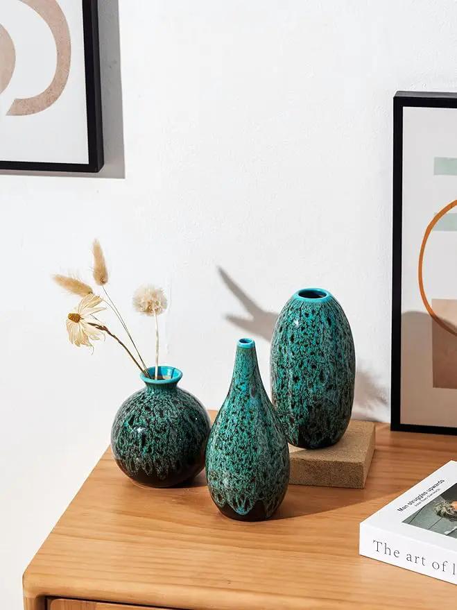 Ceramic Bud Vase Set, Fambe Blue Glazed Finish, Decorative Flower Vases (Blue-Set of 3) by GreenHaven Gardens