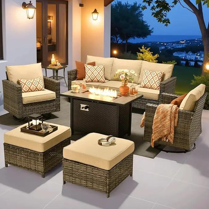 ovios 7 Pieces Patio Furniture Set with 42" Fire Pit Table, Outdoor Wicker Sofa with Swivel Chairs, All Weather High Back Rattan Couch Conversation Set, Beige by GreenHaven Gardens