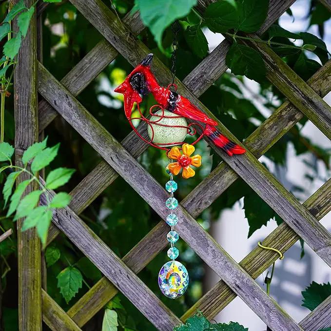13inch Stained Metal Cardinal Birds Sun Catcher Decorative Window Hanging Ornament Crystals Prism Suncathers Red Bird for Home Garden Decor by GreenHaven Gardens