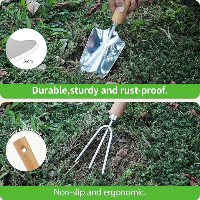 Garden Tool Set, 2 Pieces Stainless Steel Heavy Duty Garden Tools, Gardening Kit with Wooden Handle Garden Hand Tools, Durable Garden Tools for Gardening, Gardening Gifts for Women Men by GreenHaven Gardens