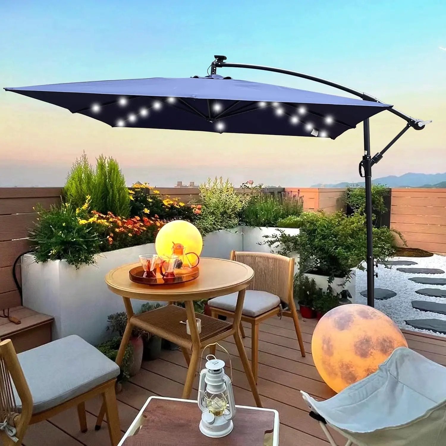 8x8FT Patio Umbrella, Outdoor Offset Umbrella with Cross Base and Crank, Square Cantilever Umbrella with Solar Lights, Hanging Market Umbrella with 8 Rids for Pool, Deck, Backyard (Navy Blue) by GreenHaven Gardens