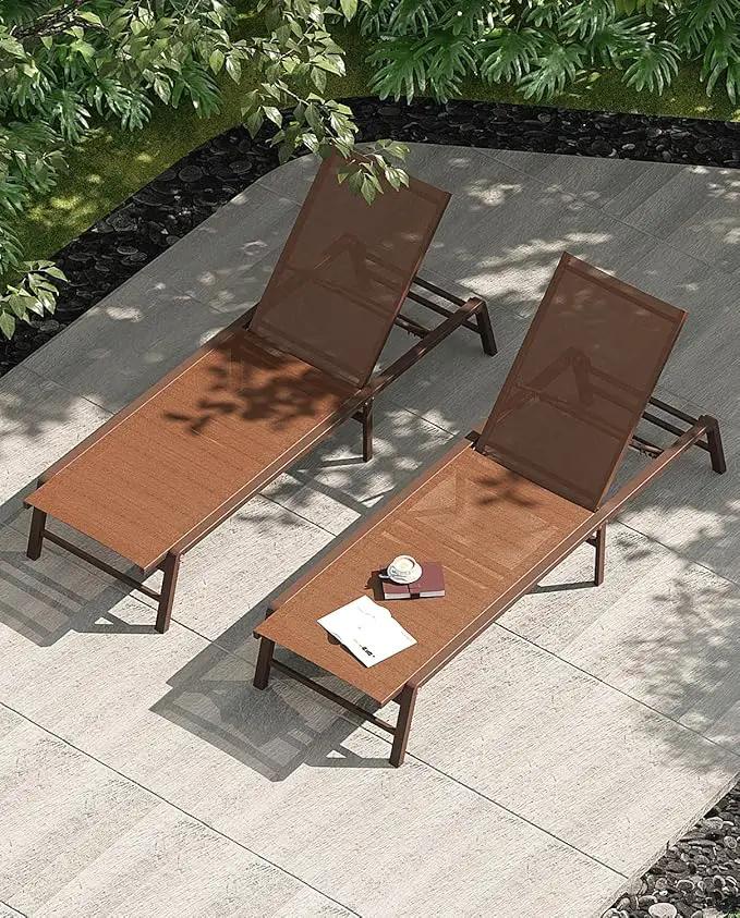 Aluminum Chaise Lounge Chair Outdoor, Foldable Patio Lounge Chair 2 Sets Assemble-Free, Pool Lounge Chairs with 5 Adjustable Backrest, Outdoor Lounge Chairs for Outside Poolside Beach Lawn Brown by GreenHaven Gardens