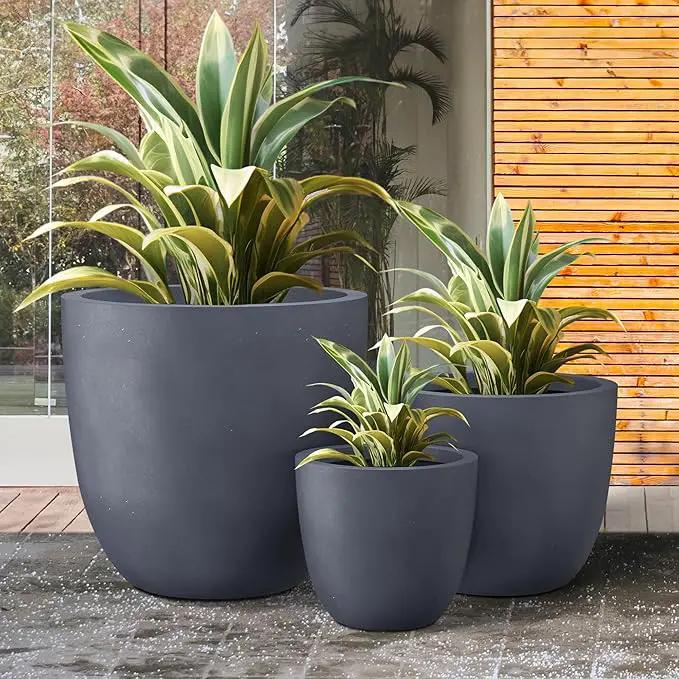 Kante 18",14",10" Dia Concrete Round Planters (Set of 3), Outdoor Indoor Large Planter Pots with Drainage Hole and Rubber Plug for Home Patio Garden, Charcoal by GreenHaven Gardens