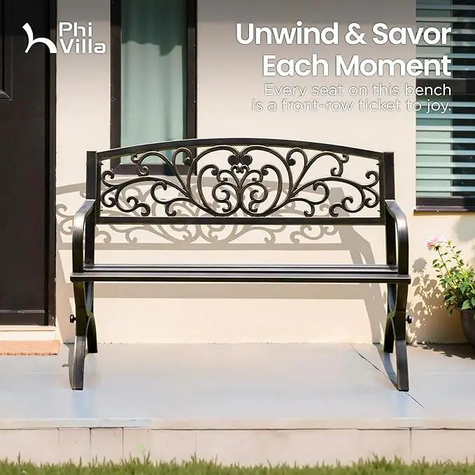 PHI VILLA 50Inch Cast Iron Steel Frame Garden Bench Patio Furniture Chair Outdoor Bench w/Floral Design Backrest, Slatted Seat for Park, Yard & Porch, Bronze by GreenHaven Gardens