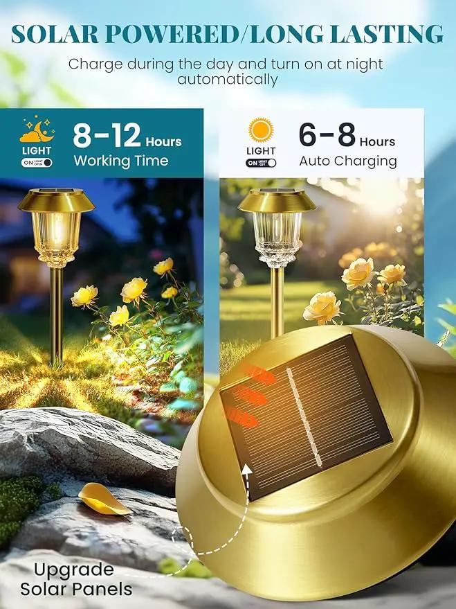 Solar Lights Outdoor Waterproof,4 Pack Gold Pathway Lights with 10-40 LM Dimmable Glass and Metal, Solar Powered Garden Decor for Yard,Patio,Pathway,Driveway(Warm White) by GreenHaven Gardens