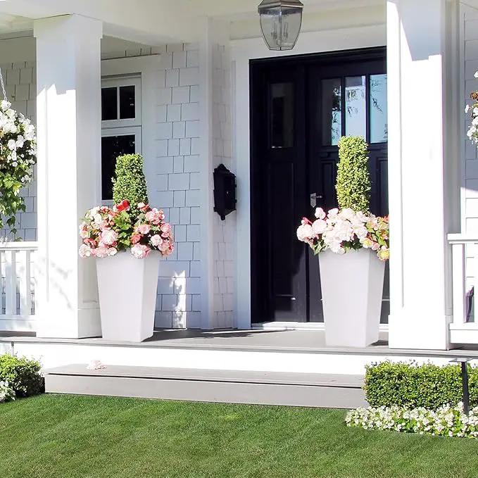 22.5" Tall Planters Set of 2, Outdoor＆Indoor Black Planter Pots, High Front Porch Planter Pots with Drainage Holes＆Water Level Monitor＆Inner Bucket, Automatic Watering, White by GreenHaven Gardens