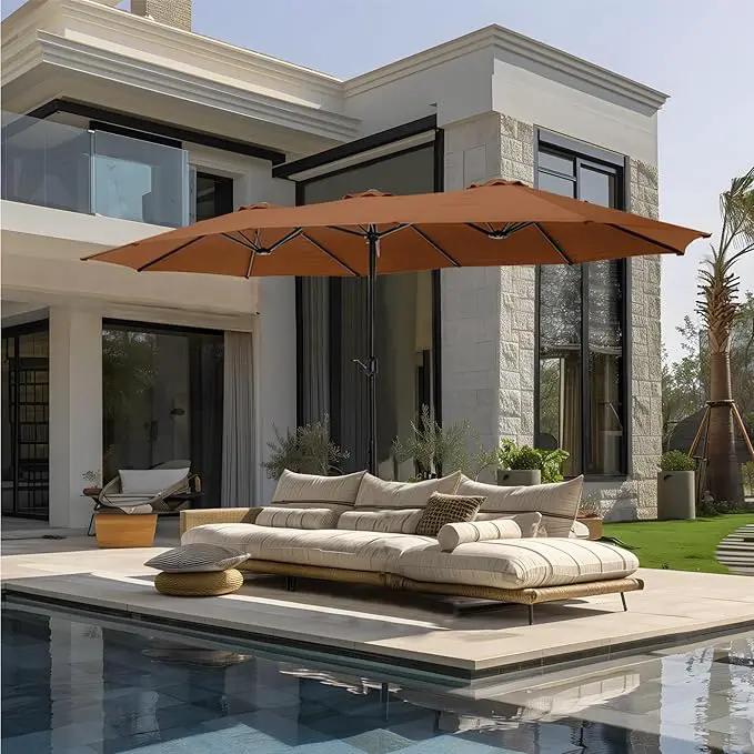 GREEN PARTY 15 ft Rectangle Patio Umbrella with Base Included, Double-Sided Table Umbrella with Crank, Large Outdoor Umbrellas for Patio Poolside Garden Backyard, Tawny by GreenHaven Gardens