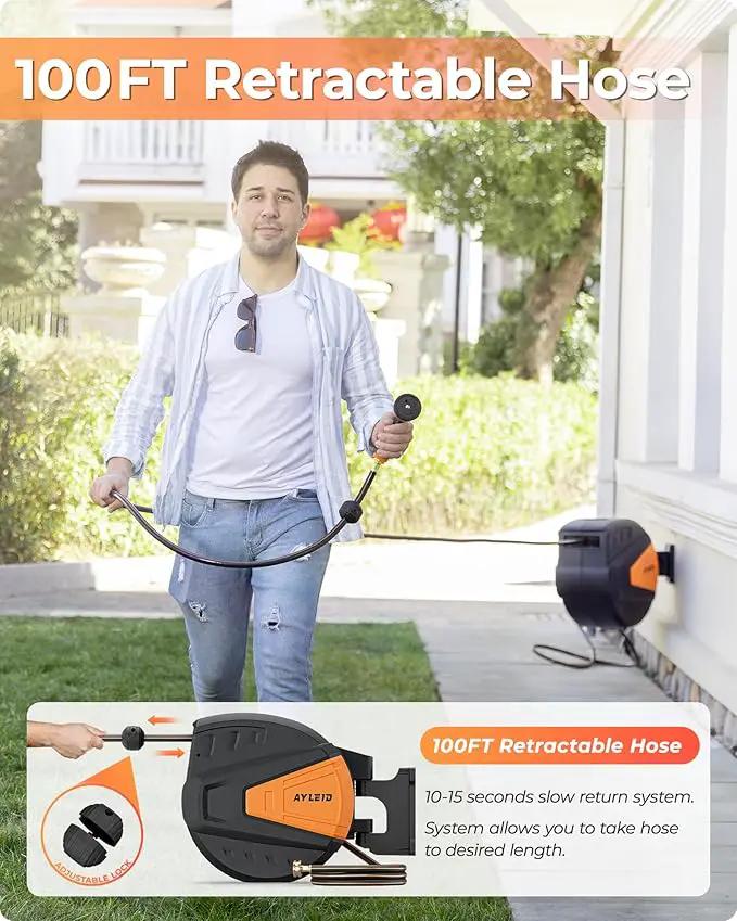 Ayleid Retractable Garden Hose Reel,5/8 in x 100 FT Wall Mounted Hose Reel, with 9- Function Sprayer Nozzle, Any Length Lock/Slow Return System/Wall Mounted/180°Swivel Bracket (Black) by GreenHaven Gardens