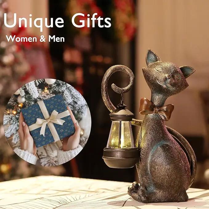 Whimsical Solar Cat Statue with Solar Lantern - Unique Outdoor Garden Decor for Patio, Balcony, and Yard Lights - Ideal Valentines Day Birthday Gifts for Mom, Grandma, Women, Men, and Cat Lovers by GreenHaven Gardens