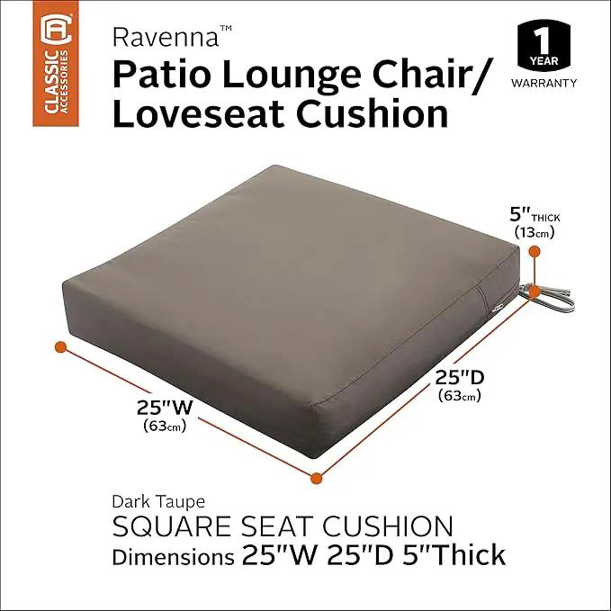 Classic Accessories Ravenna Water-Resistant 25 x 25 x 5 Inch Square Patio Seat Cushion Slip Cover & Foam, Dark Taupe, Lounge Chair Cushion by GreenHaven Gardens