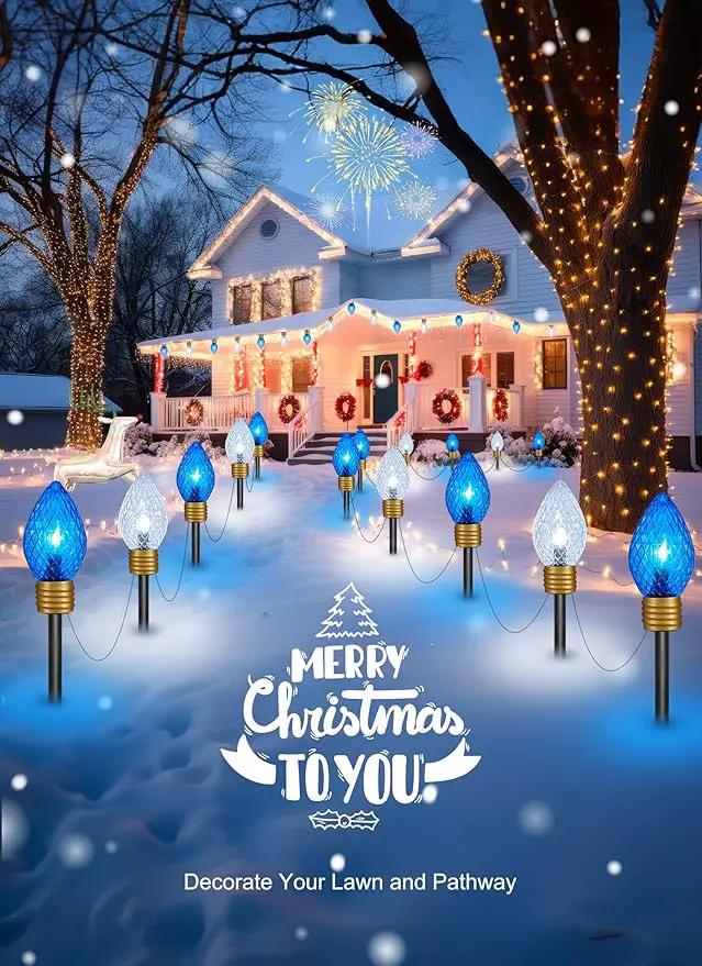 Brightown Strawberry Jumbo C9 Christmas Pathway Lights Outdoor -2 Pack Total 17 Feet 10 LED Jumbo C9 Walkway Lights, Christmas Lights Outdoor Decorations for Lawn Outside Holiday, Blue & Pure White by GreenHaven Gardens