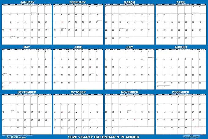 24" x 36" SwiftGlimpse 2026 Paper Folded Wall Calendar Large 12 Month Annual Yearly Wall Planner, Reversible, Horizontal/Vertical, Navy by GreenHaven Gardens