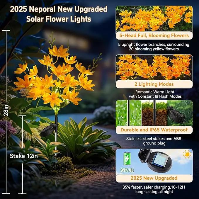 Neporal Solar Flowers Outdoor Waterproof IP65, 5-Head Snow Lotus with 20+ Flowers, Warm LED Light & 2 Lighting Modes, Decorative Solar Lights Outdoor Garden, Yard, Pathway, Flower Bed (4-Pack, Yellow) by GreenHaven Gardens