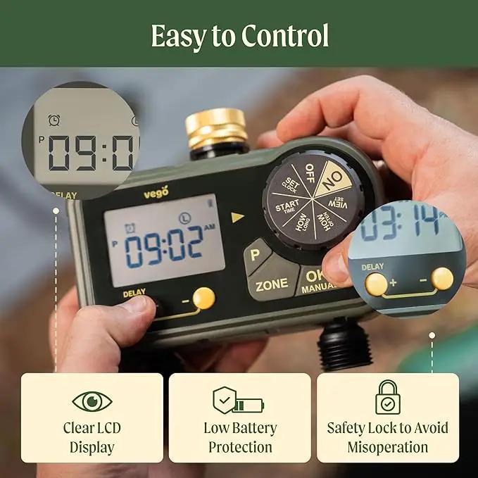 Vego 2 Zone Sprinkler Timer with Brass Inlet- Watering Timer for Garden Hose with Dual Channel Programmable Rain Delay/Manual Watering/Automatic Irrigation - Water Hose Timer for Yard Lawn by GreenHaven Gardens