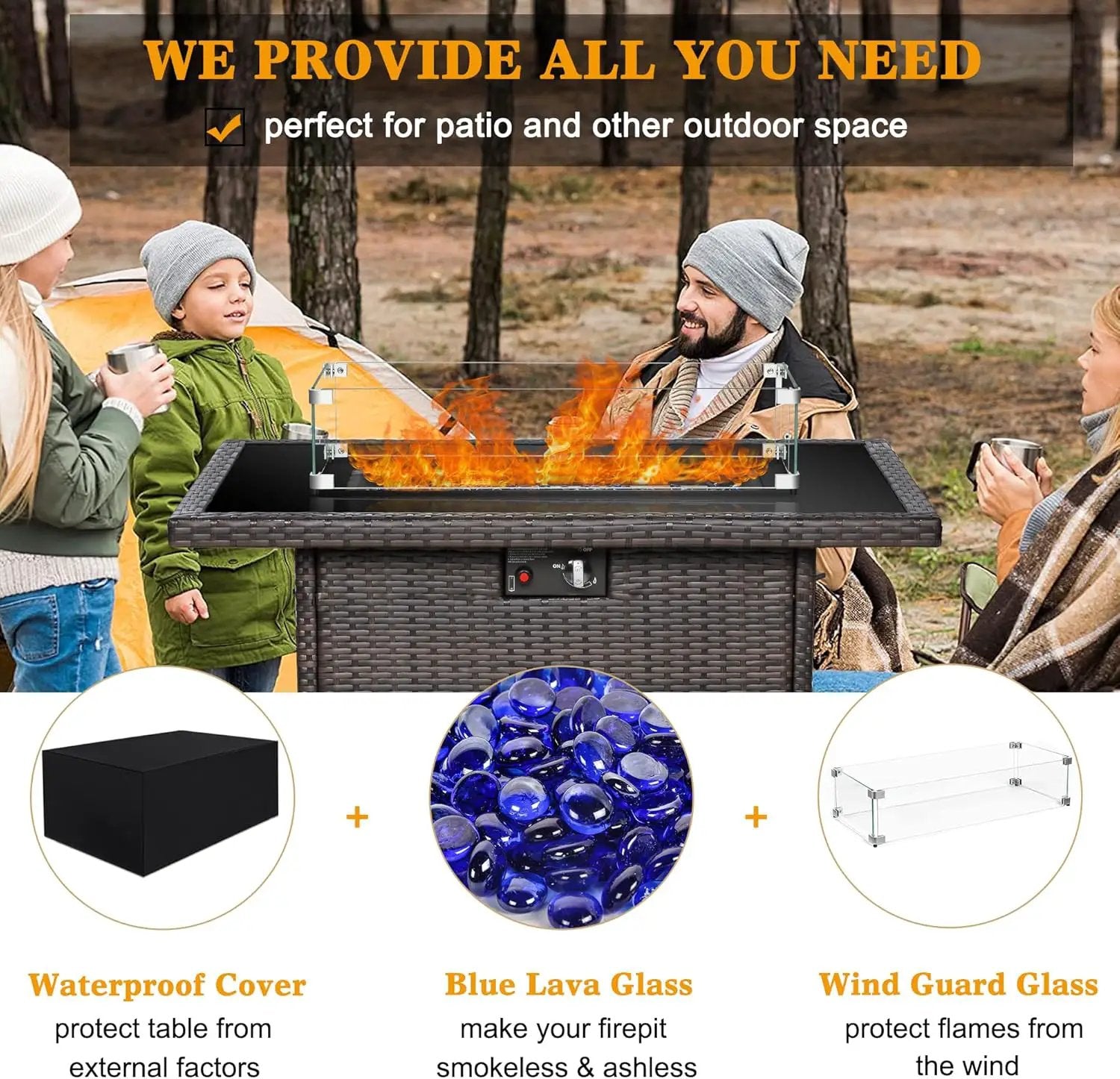 LayinSun 44" Propane Gas Fire Pit Table, 55000 BTU Rectangular Fire Pit with Glass Wind Guard for Outside Patio Deck Garden Backyard by GreenHaven Gardens