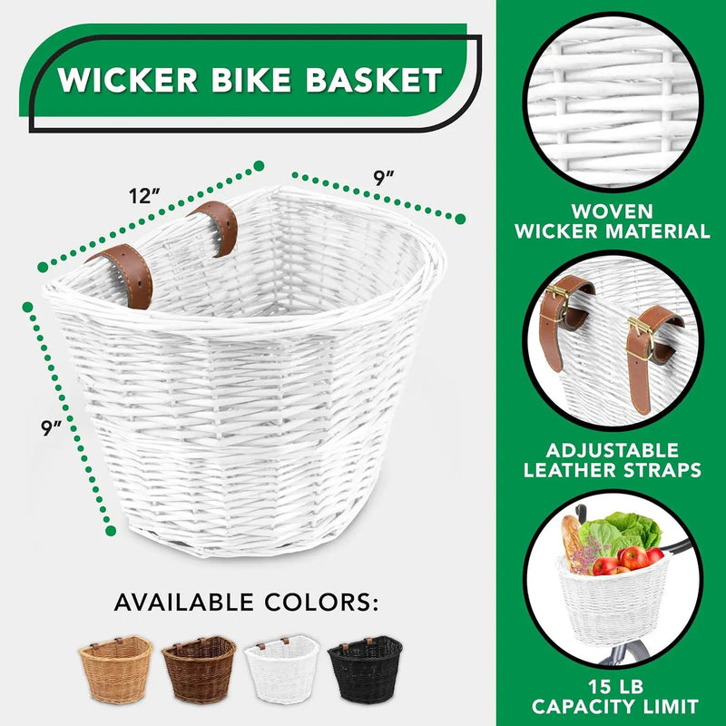 ProSource Wicker Bike Basket Front Cargo for Women and Men, Fits Most Bikes, Beach Cruiser, Stationary Bike, Ebike, Road Bike, White by GreenHaven Gardens