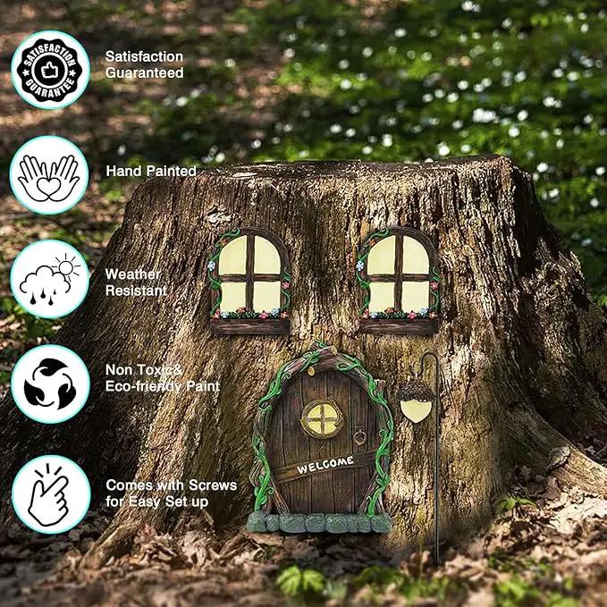 Resin Fairy Door & Window Set with Glow in The Dark Windows, Miniature Sculpture for Trees, Outdoor Decor Accessories by GreenHaven Gardens