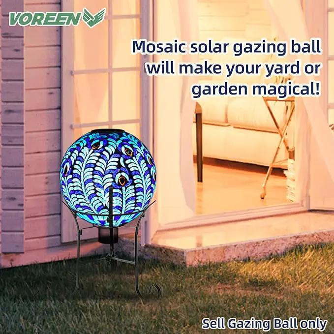 VOREEN Solar Gazing Ball, Mosaic Glass Gazing Globe with Solar Light, Waterproof Outdoor Yard Decoration Sphere for Homes, Patio, Lawn and Gardens, 10", Blue by GreenHaven Gardens