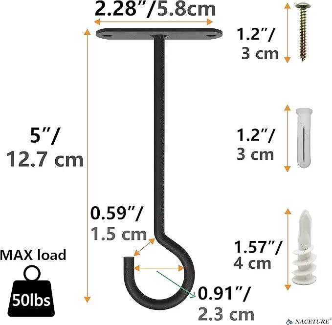 NACETURE Ceiling Hooks Heavy Duty 6 Pack - Plant Hooks for Ceiling Hanging Hook for Hanging Basket Hook, Light, Bird Feeders, Wind Chimes Décor Indoor & Outdoor (5" Black 6 Pack) by GreenHaven Gardens