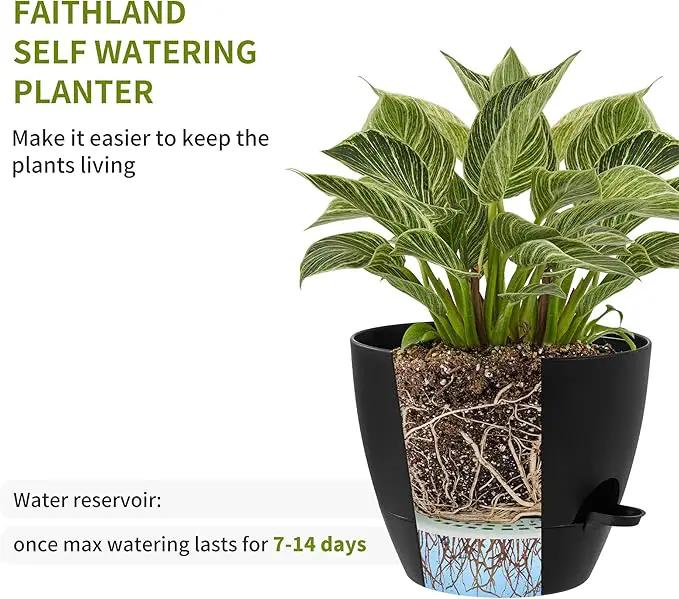 FaithLand 3-Pack Large Planter Pots, 12 10 9 Inch Self Watering Flower Pots for Indoor Outdoor Garden Plants, Black by GreenHaven Gardens