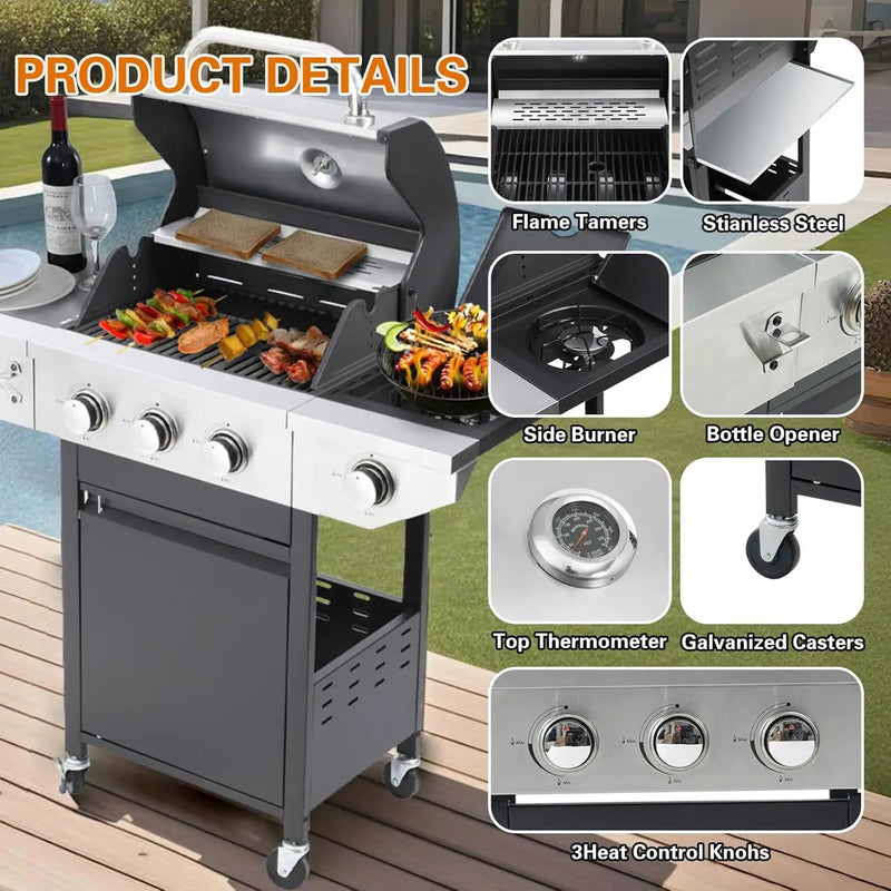 Endark 3-burner propane gas grill | 37,000 BTU stainless steel with side-fire function | with enameled cast iron grate, thermometer and side stand wheels | great for patio and garden outdoor cooking by GreenHaven Gardens