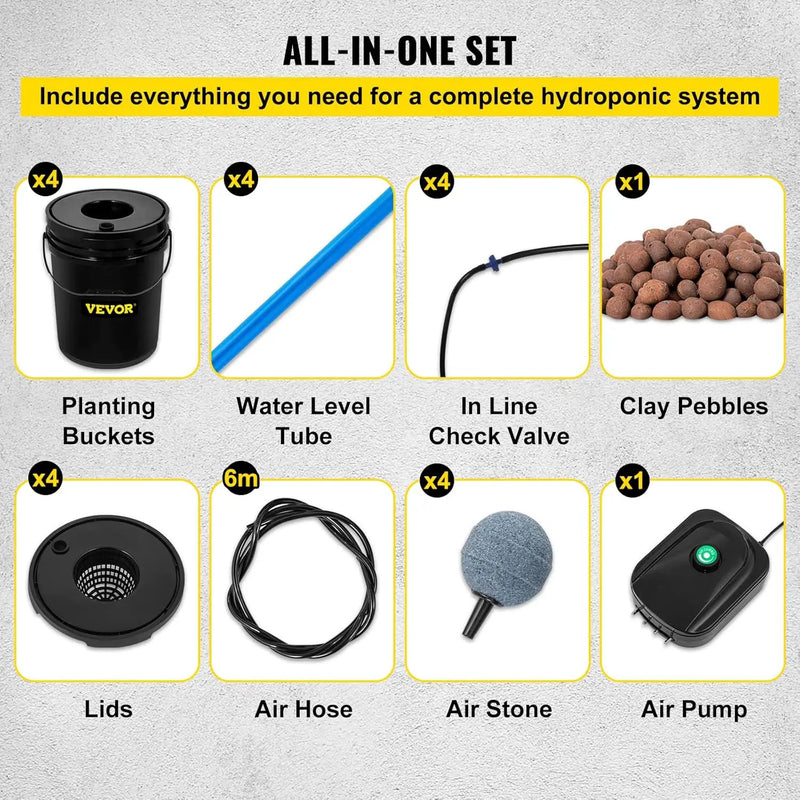 VEVOR DWC Hydroponic System, 5 Gallon 4 Buckets, Deep Water Culture Growing Bucket, Hydroponics Grow Kit with Pump, Air Stone and Water Level Device, for Indoor/Outdoor Leafy Vegetables by GreenHaven Gardens
