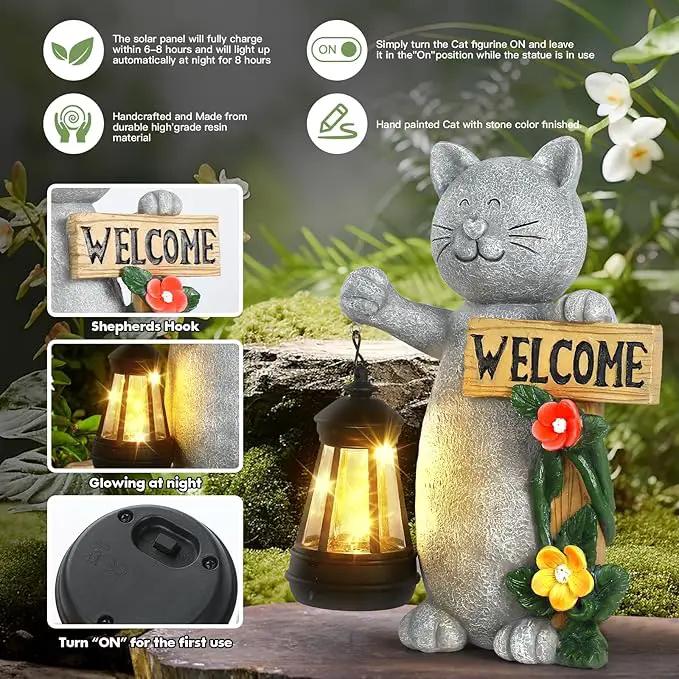 Solar Cat Statue with Solar Lantern-Outdoor Garden Décor, LED Lighted Kitty Figurine for Patio, Lawn,Yard-Valentine's Day, Birthday Gifts for Mom,Grandma,Cat Lovers by GreenHaven Gardens