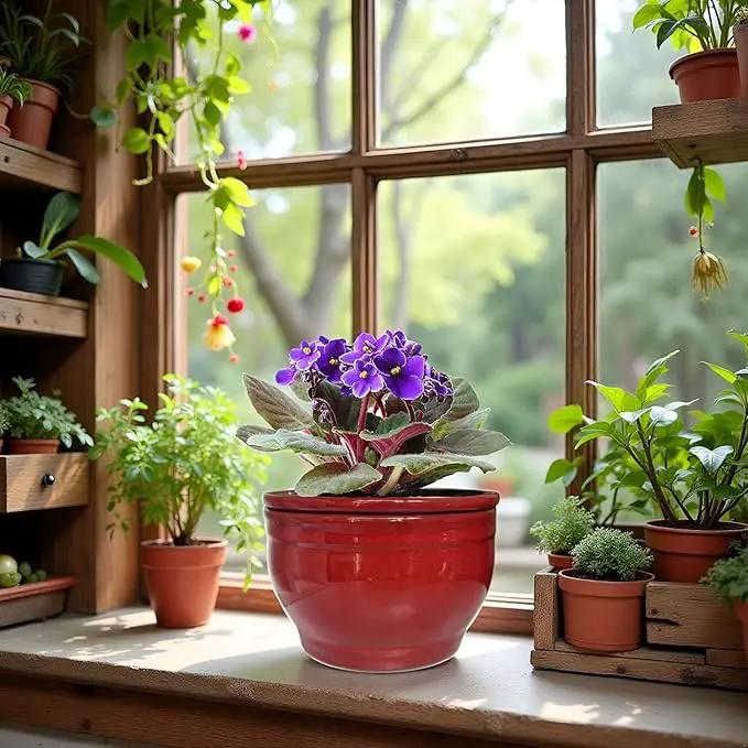 African Violet Pots Self Watering Round Ceramic Violet Pot (red, 6 inch) by GreenHaven Gardens