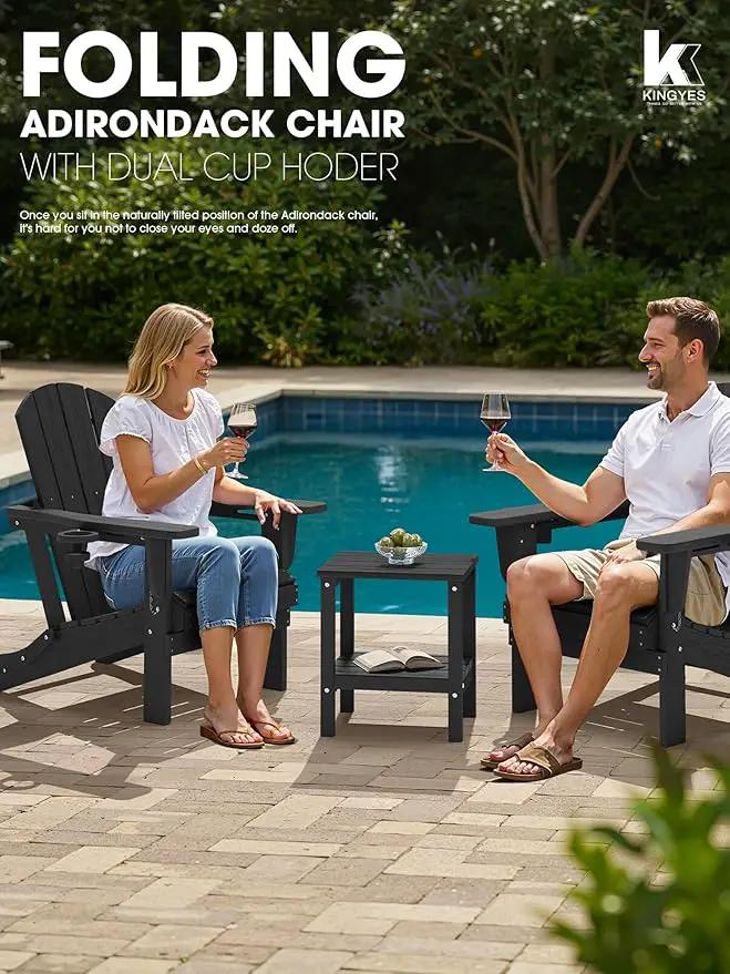 KINGYES Folding Adirondack Chair with Dual Cup Holders - HDPE All-Weather Outdoor Chairs, Wood-Like Patio Chair for Backyard, Camping, Pool & Fire Pit, Black by GreenHaven Gardens