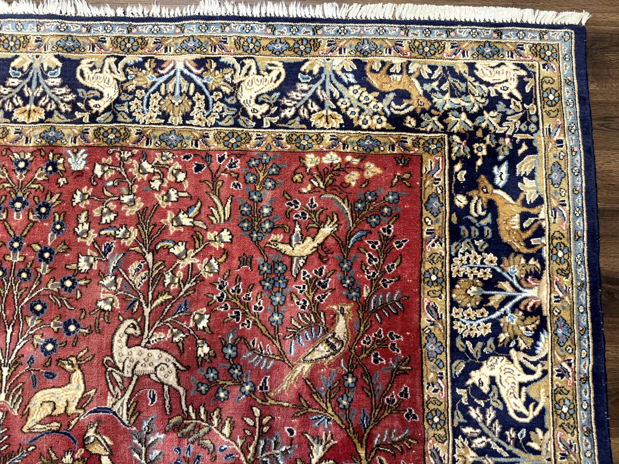 Persian Qum Rug 9x12, Animal Pictorials, Deer Birds, Tree of Life, Red and Navy Blue by Jewel Rugs