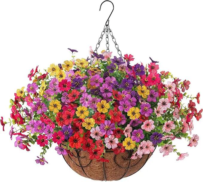 Artificial Fake Hanging Plants Flowers with Basket Outdoor Decor Faux Silk Dasiy Flower Arrangements in Pot Planter for Porch Home Indoor Patio Garden Yard Decoration by GreenHaven Gardens